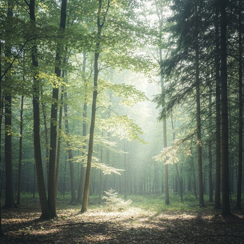 Luce del sole che filtra attraverso gli alberi di una foresta - concetto Komorebi